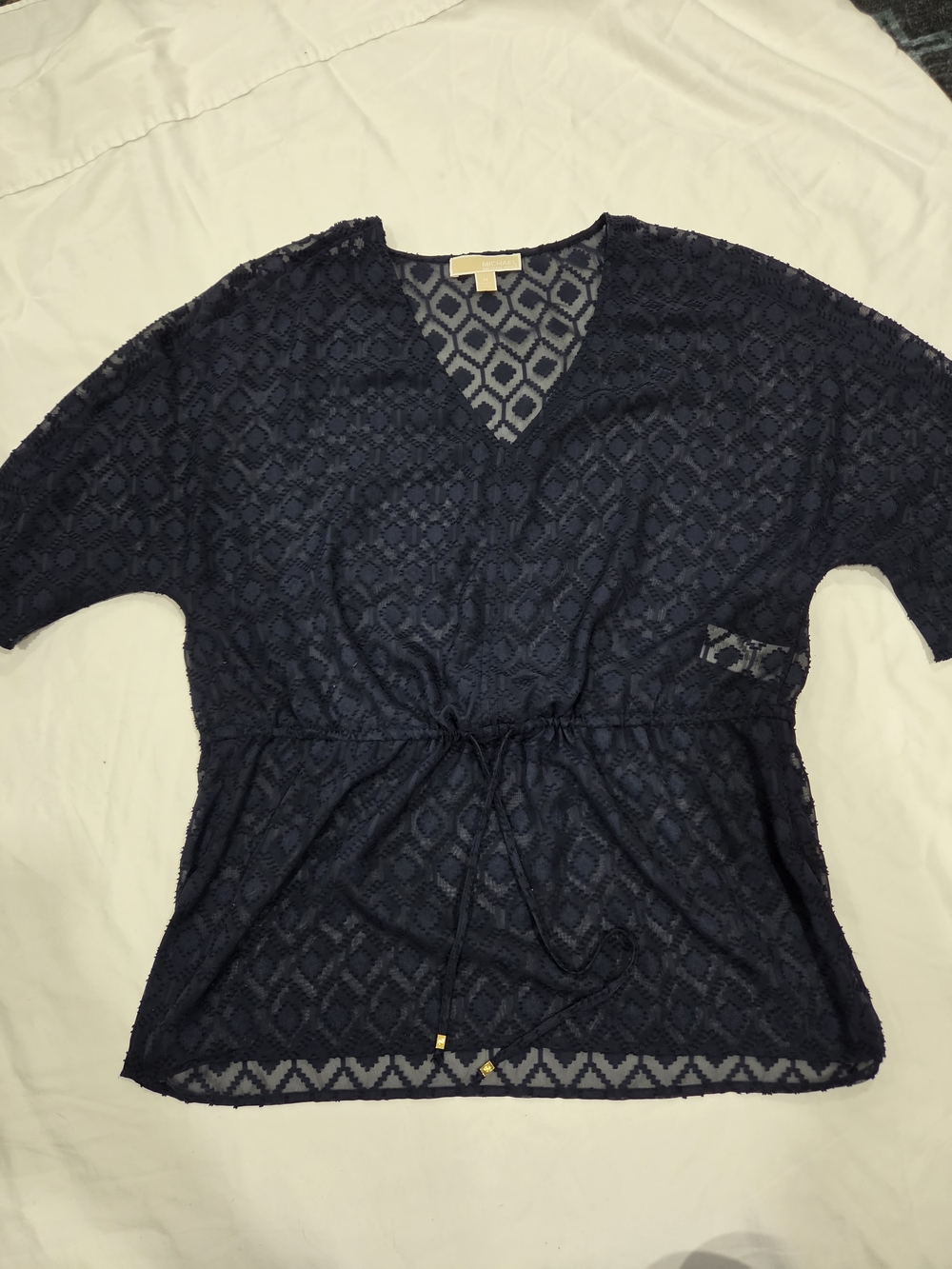 Women's Navy Sheer Lace Drawstring Waist Top SIZE M